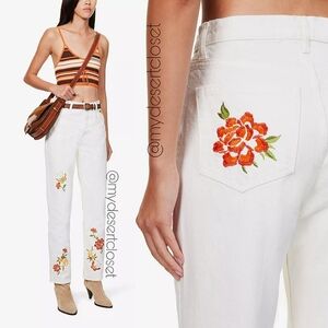 Reformation Cynthia High Rise Straight Jeans White Flora Embroidery NWT